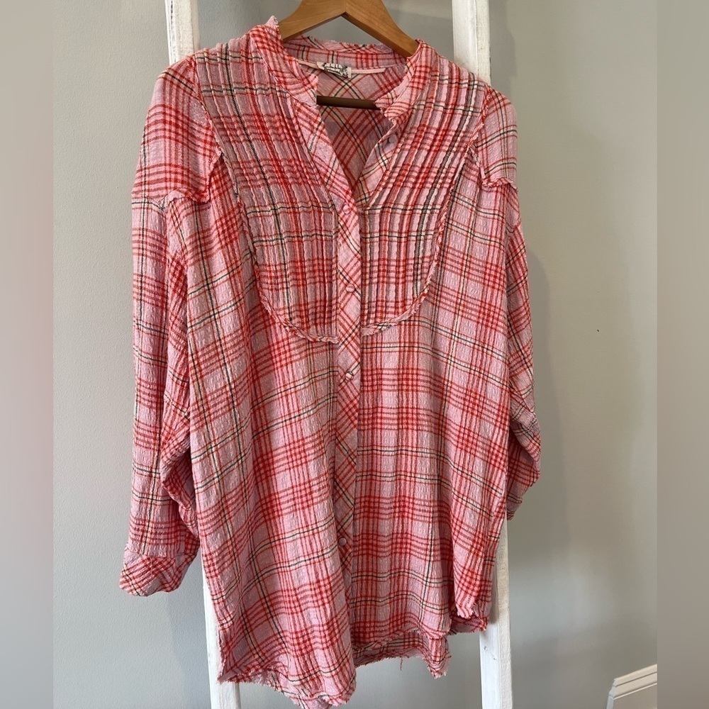 Free people distressed plaid button up tunic dress oversized xs